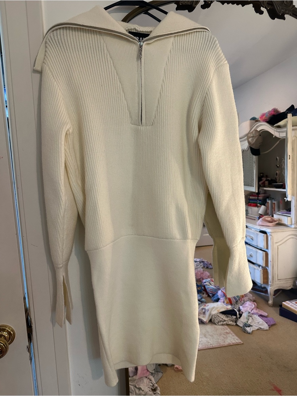 Cream Knit Sailor-Collar Sweater Dress